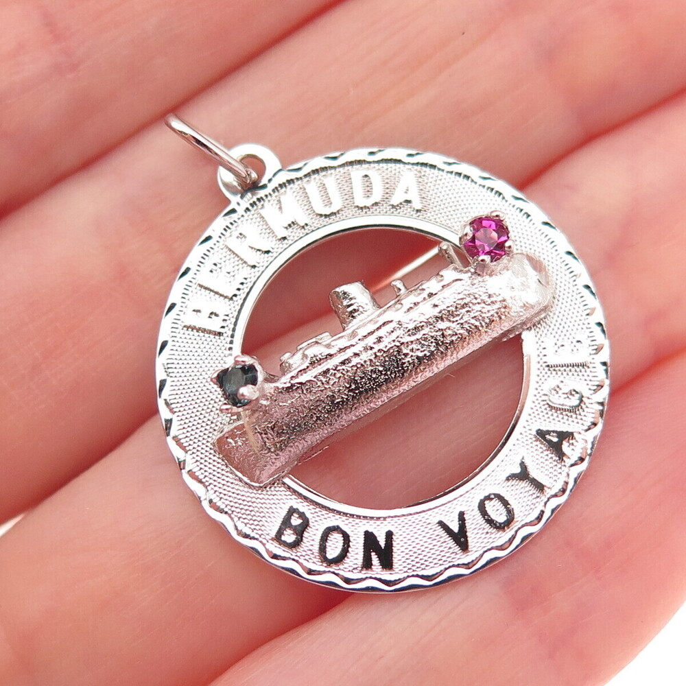 CREA 925 Sterling Silver Vintage Rhinestone Bermuda Bon Voyage Charm Pendant